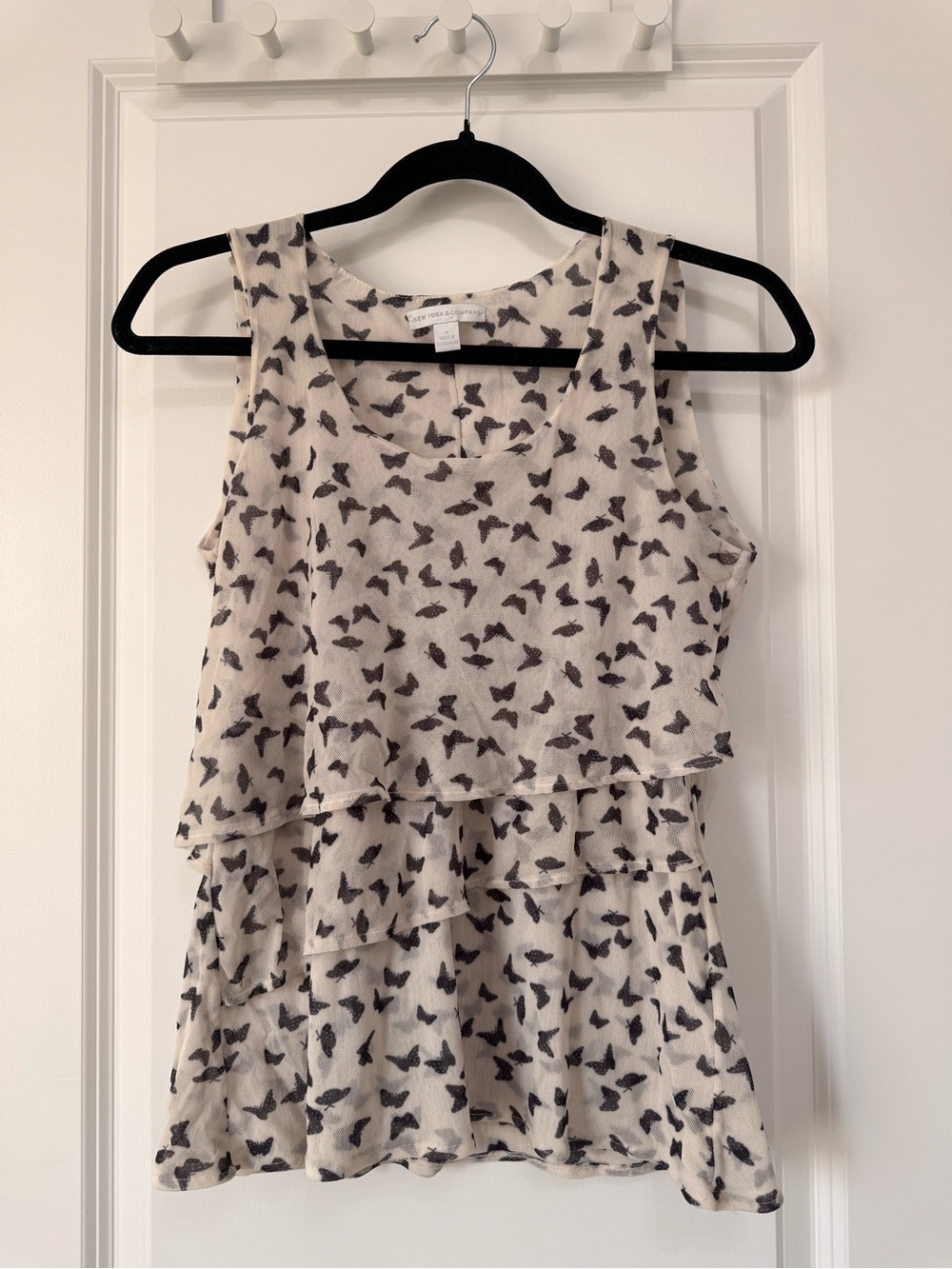 New York & Company Cream Tank with Black Butterfly Print